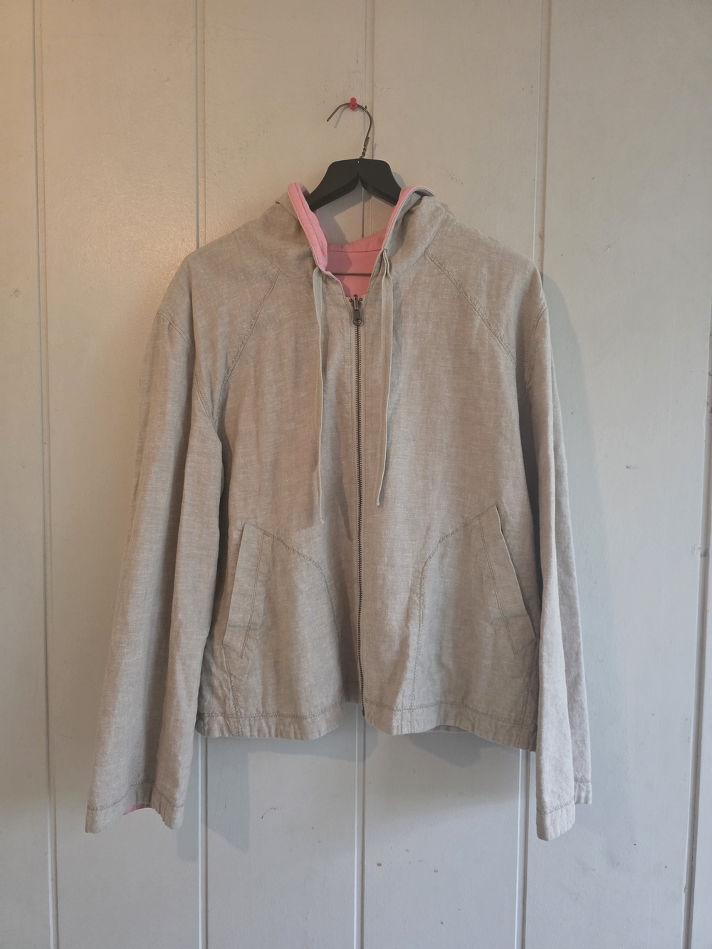 J Jill Womens Hemp Cotton Reversable Jacket Coat Hooded tan/pink large